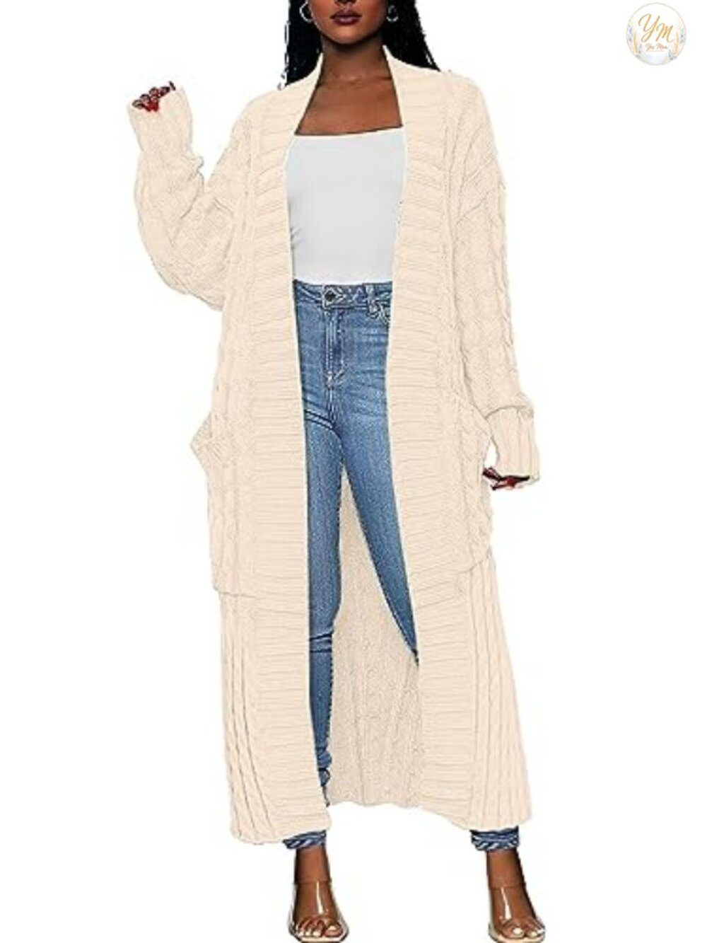 Long Cable Knit Open Front Cardigan Relaxed Fit Women's Sweater Coat